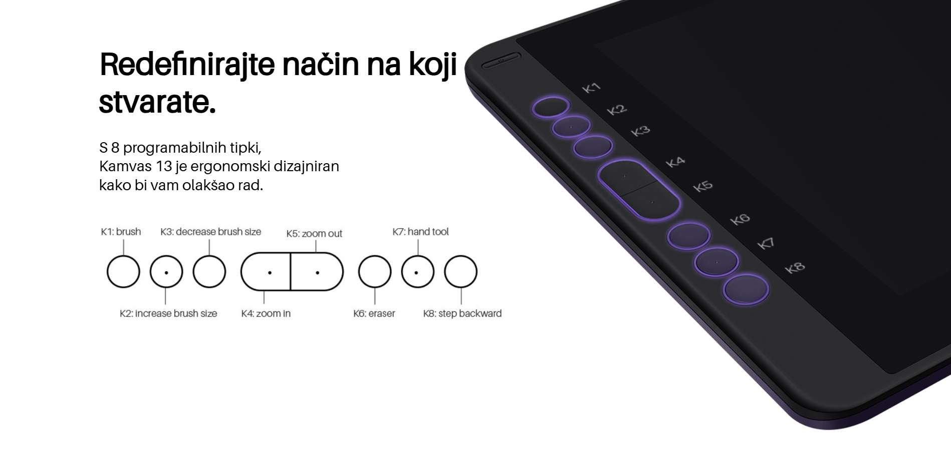 Detalj HUION Kamvas 13 – tipke prečaca i rub kućišta